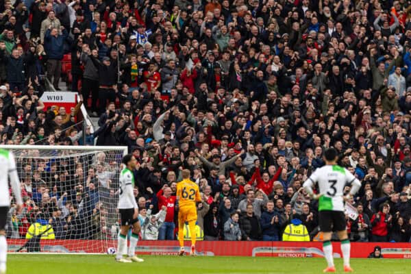 MANCHESTER, ENGLAND - Sunday, April 7, 2024: Manchester United supporters celebrate their side's equalising goal during the FA Premier League match between Manchester United FC and Liverpool FC at Old Trafford. The game ended in a 2-2 draw. (Photo by David Rawcliffe/Propaganda)