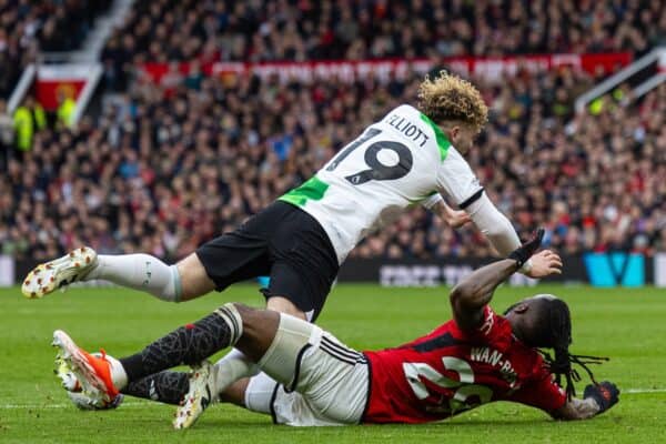 MANCHESTER, ENGLAND - Sunday, April 7, 2024: Liverpool's Harvey Elliott (L) is fouled by Manchester United's Aaron Wan-Bissaka for a penalty during the FA Premier League match between Manchester United FC and Liverpool FC at Old Trafford. The game ended in a 2-2 draw. (Photo by David Rawcliffe/Propaganda)