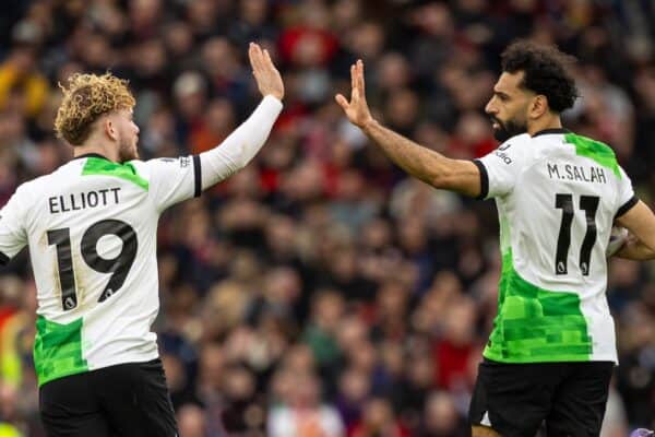 MANCHESTER, ENGLAND - Sunday, April 7, 2024: Liverpool's Mohamed Salah (R) celebrates with team-mate Harvey Elliott after scoring his side's second goal, from a penalty kick to level the score at 2-2, during the FA Premier League match between Manchester United FC and Liverpool FC at Old Trafford. The game ended in a 2-2 draw. (Photo by David Rawcliffe/Propaganda)