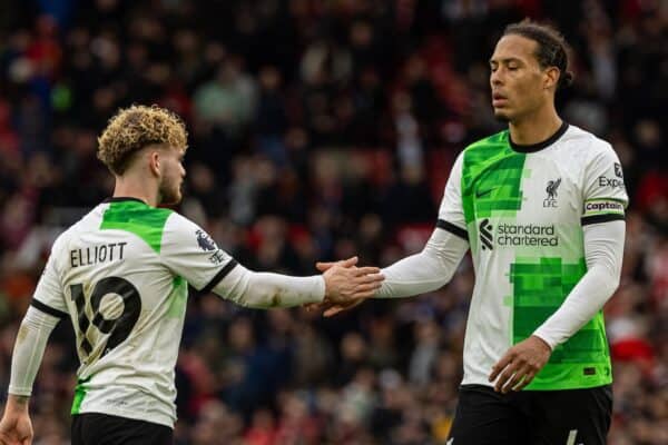 MANCHESTER, ENGLAND - Sunday, April 7, 2024: Liverpool's captain Virgil van Dijk (R) and Harvey Elliott dejected after the FA Premier League match between Manchester United FC and Liverpool FC at Old Trafford. The game ended in a 2-2 draw.(Photo by David Rawcliffe/Propaganda)