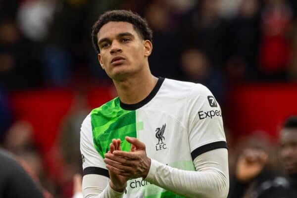 MANCHESTER, ENGLAND - Sunday, April 7, 2024: Liverpool's Jarell Quansah applauds the supporters after the FA Premier League match between Manchester United FC and Liverpool FC at Old Trafford. The game ended in a 2-2 draw. (Photo by David Rawcliffe/Propaganda)