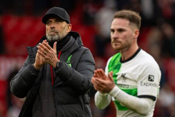 MANCHESTER, ENGLAND - Sunday, April 7, 2024: Liverpool's manager Jürgen Klopp applauds the supporters after the FA Premier League match between Manchester United FC and Liverpool FC at Old Trafford. The game ended in a 2-2 draw. (Photo by David Rawcliffe/Propaganda)