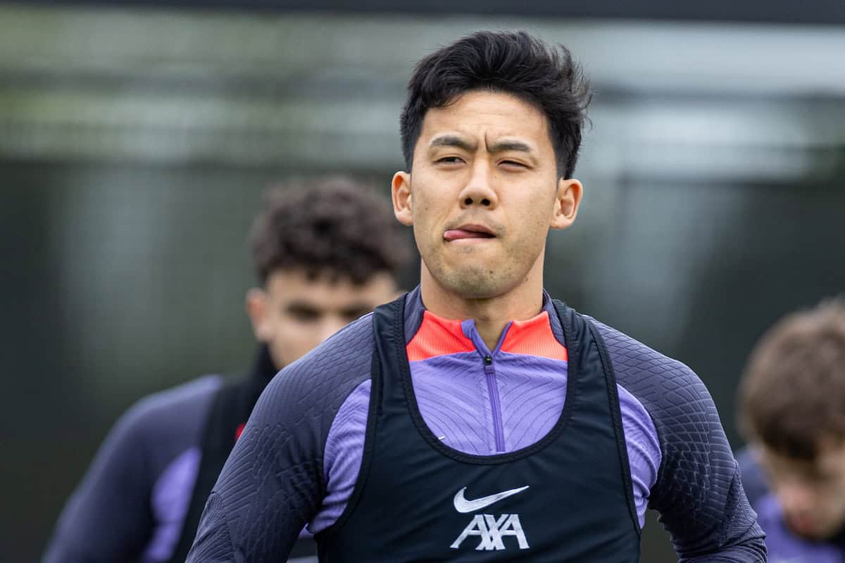 LIVERPOOL, ENGLAND - Wednesday, April 10, 2024: Liverpool's Wataru End? during a training session at the AXA Training Centre ahead of the UEFA Europa League Quarter-Final 1st Leg match between Liverpool FC and BC Atalanda. (Photo by David Rawcliffe/Propaganda)