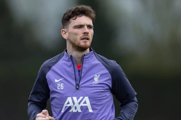 LIVERPOOL, ENGLAND - Wednesday, April 10, 2024: Liverpool's Andy Robertson during a training session at the AXA Training Centre ahead of the UEFA Europa League Quarter-Final 1st Leg match between Liverpool FC and BC Atalanda. (Photo by David Rawcliffe/Propaganda)