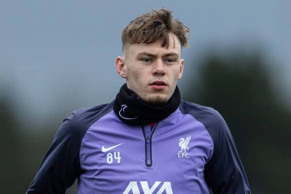 LIVERPOOL, ENGLAND - Wednesday, April 10, 2024: Liverpool's Conor Bradley during a training session at the AXA Training Centre ahead of the UEFA Europa League Quarter-Final 1st Leg match between Liverpool FC and BC Atalanda. (Photo by David Rawcliffe/Propaganda)