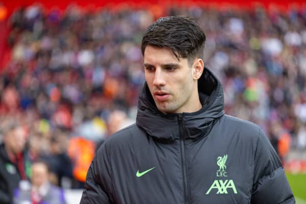 LIVERPOOL, ENGLAND - Sunday, April 14, 2024: Liverpool's substitute Dominik Szoboszlai before the FA Premier League match between Liverpool FC and Crystal Palace FC at Anfield. Crystal Palace won 1-0. (Photo by David Rawcliffe/Propaganda)