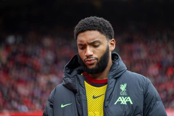 LIVERPOOL, ENGLAND - Sunday, April 14, 2024: Liverpool's substitute Joe Gomez before the FA Premier League match between Liverpool FC and Crystal Palace FC at Anfield. Crystal Palace won 1-0. (Photo by David Rawcliffe/Propaganda)