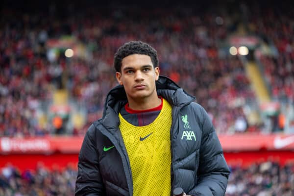 LIVERPOOL, ENGLAND - Sunday, April 14, 2024: Liverpool's substitute Jarell Quansah before the FA Premier League match between Liverpool FC and Crystal Palace FC at Anfield. Crystal Palace won 1-0. (Photo by David Rawcliffe/Propaganda)