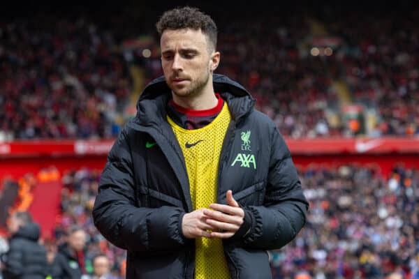 LIVERPOOL, ENGLAND - Sunday, April 14, 2024: Liverpool's substitute Diogo Jota before the FA Premier League match between Liverpool FC and Crystal Palace FC at Anfield. Crystal Palace won 1-0. (Photo by David Rawcliffe/Propaganda)