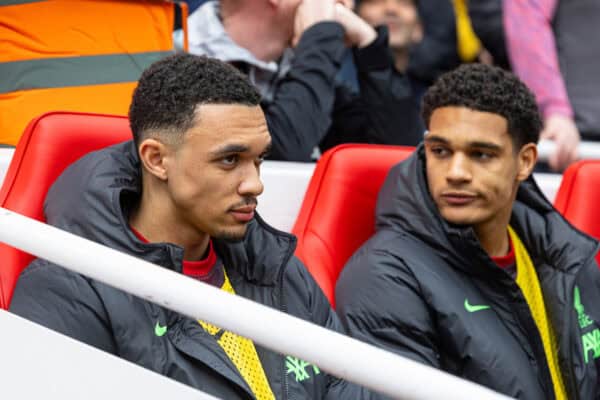 LIVERPOOL, ENGLAND - Sunday, April 14, 2024: Liverpool's substitutes Trent Alexander-Arnold (L) and Jarell Quansah before the FA Premier League match between Liverpool FC and Crystal Palace FC at Anfield. Crystal Palace won 1-0. (Photo by David Rawcliffe/Propaganda)