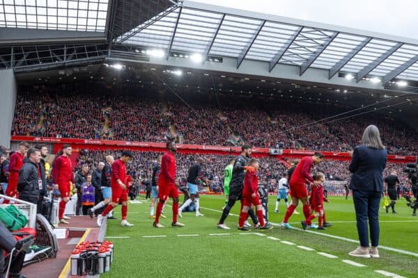 LIVERPOOL, ENGLAND - Sunday, April 14, 2024: Liverpool's captain Virgil van Dijk leads his side out before during the FA Premier League match between Liverpool FC and Crystal Palace FC at Anfield. Crystal Palace won 1-0. (Photo by David Rawcliffe/Propaganda)