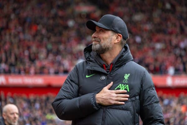 LIVERPOOL, ENGLAND - Sunday, April 14, 2024: Liverpool's manager Jürgen Klopp before the FA Premier League match between Liverpool FC and Crystal Palace FC at Anfield. Crystal Palace won 1-0. (Photo by David Rawcliffe/Propaganda)