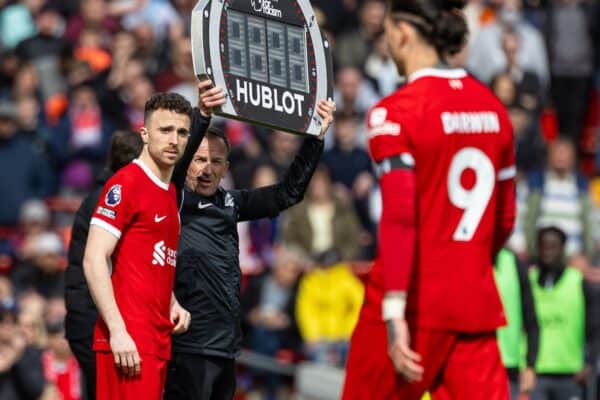 LIVERPOOL, ENGLAND - Sunday, April 14, 2024: Liverpool's substitute Diogo Jota replaces Darwin Núñez during the FA Premier League match between Liverpool FC and Crystal Palace FC at Anfield. Crystal Palace won 1-0. (Photo by David Rawcliffe/Propaganda)