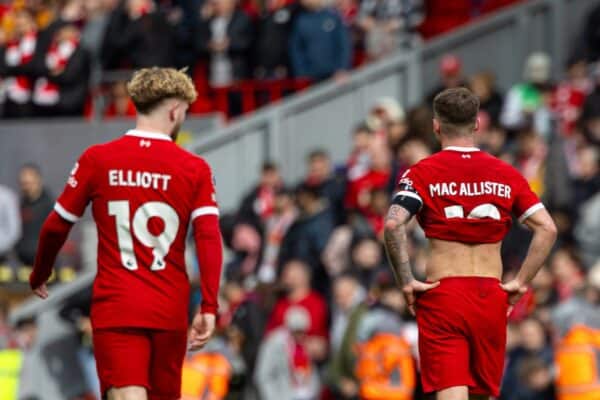  Liverpool's Harvey Elliott and Alexis Mac Allister look dejected after the FA Premier League match between Liverpool FC and Crystal Palace FC at Anfield. Crystal Palace won 1-0. (Photo by David Rawcliffe/Propaganda)