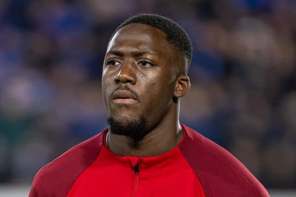 BERGAMO, ITALY - Thursday, April 18, 2024: Liverpool's Ibrahima Konaté lines-up before during the UEFA Europa League Quarter-Final 2nd Leg match between BC Atalanta and Liverpool FC at the Stadio Atleti Azzurri d'Italia. Liverpool won 1-0 but Atalanta progress 3-1 on aggregate. (Photo by David Rawcliffe/Propaganda)