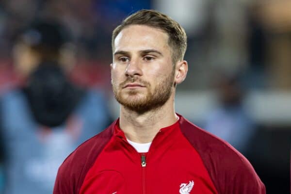 BERGAMO, ITALY - Thursday, April 18, 2024: Liverpool's Alexis Mac Allister lines-up before during the UEFA Europa League Quarter-Final 2nd Leg match between BC Atalanta and Liverpool FC at the Stadio Atleti Azzurri d'Italia. Liverpool won 1-0 but Atalanta progress 3-1 on aggregate. (Photo by David Rawcliffe/Propaganda)