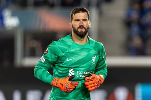 BERGAMO, ITALY - Thursday, April 18, 2024: Liverpool's goalkeeper Alisson Becker before the UEFA Europa League Quarter-Final 2nd Leg match between BC Atalanta and Liverpool FC at the Stadio Atleti Azzurri d'Italia. Liverpool won 1-0 but Atalanta progress 3-1 on aggregate. (Photo by David Rawcliffe/Propaganda)