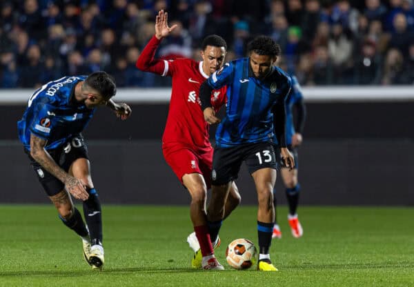 BERGAMO, ITALY - Thursday, April 18, 2024: Liverpool's Trent Alexander-Arnold (L) challenges Atalanta's Éderson José dos Santos Lourenço da Silva during the UEFA Europa League Quarter-Final 2nd Leg match between BC Atalanta and Liverpool FC at the Stadio Atleti Azzurri d'Italia. Liverpool won 1-0 but Atalanta progress 3-1 on aggregate.  (Photo by David Rawcliffe/Propaganda)