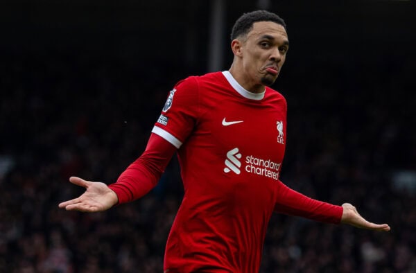 LONDON, ENGLAND - Sunday, April 21, 2024: Liverpool's Trent Alexander-Arnold celebrates after scoring the opening goal from a free-kick during the FA Premier League match between Fulham FC and Liverpool FC at Craven Cottage. Liverpool won 3-1. (Photo by David Rawcliffe/Propaganda)