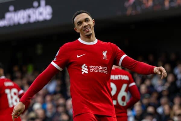 LONDON, ENGLAND – Sonntag, 21. April 2024: Liverpools Trent Alexander-Arnold feiert, nachdem er das erste Tor während des FA Premier League-Spiels zwischen Fulham FC und Liverpool FC im Craven Cottage erzielt hat. Liverpool gewann 3:1. (Foto von David Rawcliffe/Propaganda)