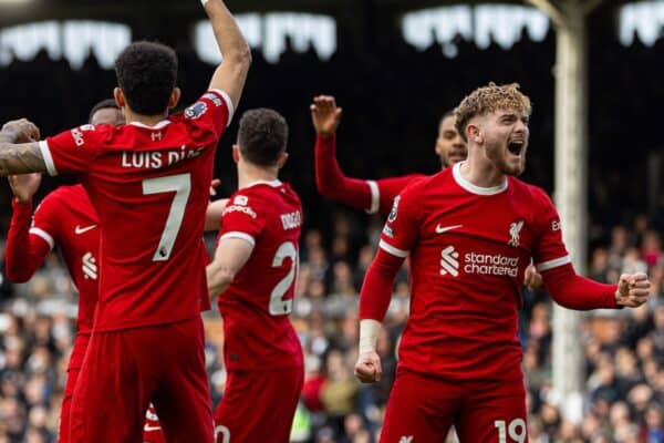 LONDON, ENGLAND - Sunday, April 21, 2024: Liverpool's Harvey Elliott (R) celebrates his side's second goal during the FA Premier League match between Fulham FC and Liverpool FC at Craven Cottage. Liverpool won 3-1. (Photo by David Rawcliffe/Propaganda)