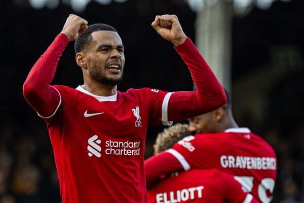 LONDON, ENGLAND - Sunday, April 21, 2024: Liverpool's Cody Gakpo celebrates his side's third goal during the FA Premier League match between Fulham FC and Liverpool FC at Craven Cottage. Liverpool won 3-1. (Photo by David Rawcliffe/Propaganda)