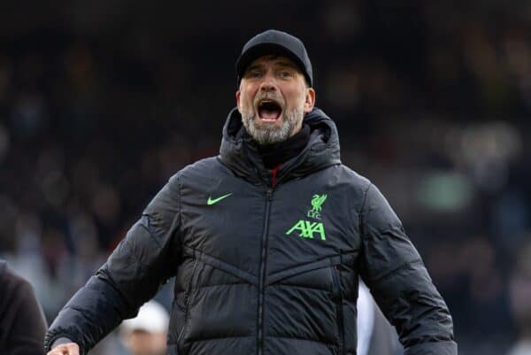  Liverpool's Jürgen Klopp celebrates after the FA Premier League match between Fulham FC and Liverpool FC at Craven Cottage. Liverpool won 3-1. (Photo by David Rawcliffe/Propaganda)