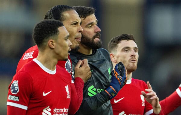 LIVERPOOL, ENGLAND - Wednesday, April 24, 2024: Liverpool's Trent Alexander-Arnold, captain Virgil van Dijk, goalkeeper Alisson Becker and Andy Robertson appeal a penalty decision during the FA Premier League match between Everton FC and Liverpool FC, the 244th Merseyside Derby, at Goodison Park. Everton won 2-0. (Photo by David Rawcliffe/Propaganda)