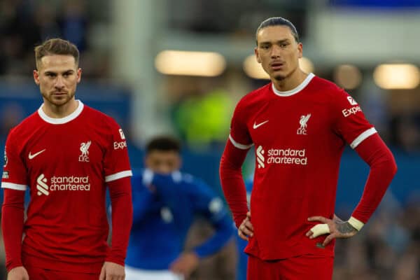 LIVERPOOL, ENGLAND - Wednesday, April 24, 2024: Liverpool's Alexis Mac Allister (L) and Darwin Núñez during the FA Premier League match between Everton FC and Liverpool FC, the 244th Merseyside Derby, at Goodison Park. Everton won 2-0. (Photo by David Rawcliffe/Propaganda)