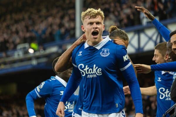 LIVERPOOL, ENGLAND - Wednesday, April 24, 2024: Everton's Jarrad Branthwaite celebrates after scoring the opening goal during the FA Premier League match between Everton FC and Liverpool FC, the 244th Merseyside Derby, at Goodison Park. Everton won 2-0. (Photo by David Rawcliffe/Propaganda)