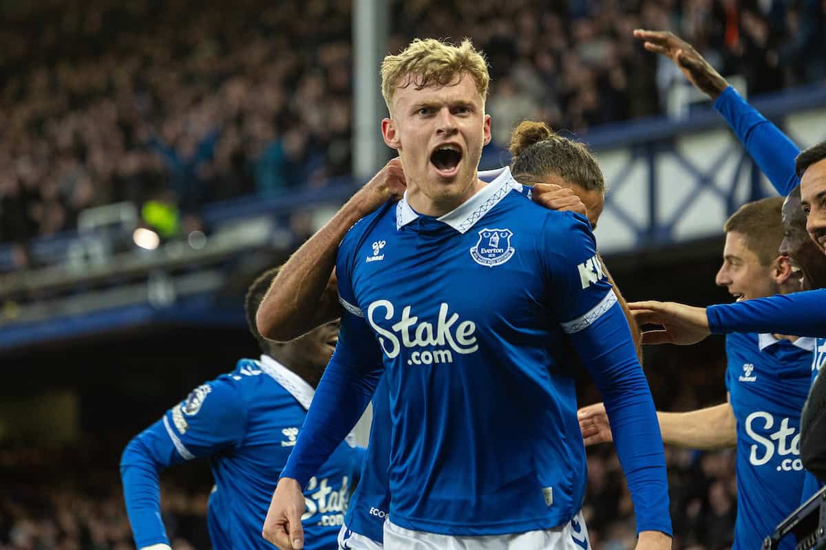LIVERPOOL, ENGLAND - Wednesday, April 24, 2024: Everton's Jarrad Branthwaite celebrates after scoring the opening goal during the FA Premier League match between Everton FC and Liverpool FC, the 244th Merseyside Derby, at Goodison Park. Everton won 2-0. (Photo by David Rawcliffe/Propaganda)