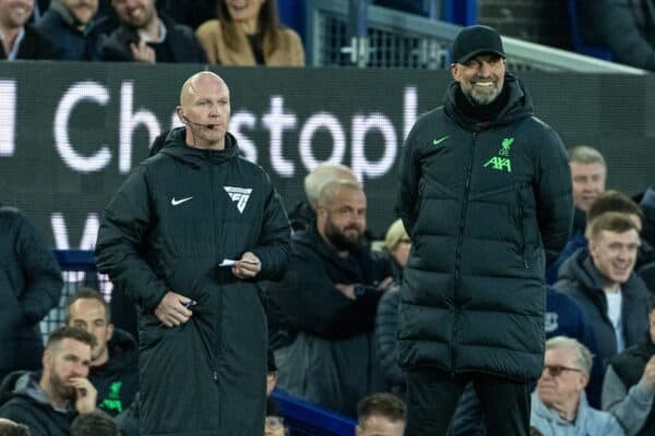 LIVERPOOL, ENGLAND - Wednesday, April 24, 2024: Liverpool's manager Jürgen Klopp (R) and fourth official referee Simon Hooper during the FA Premier League match between Everton FC and Liverpool FC, the 244th Merseyside Derby, at Goodison Park. Everton won 2-0. (Photo by David Rawcliffe/Propaganda)