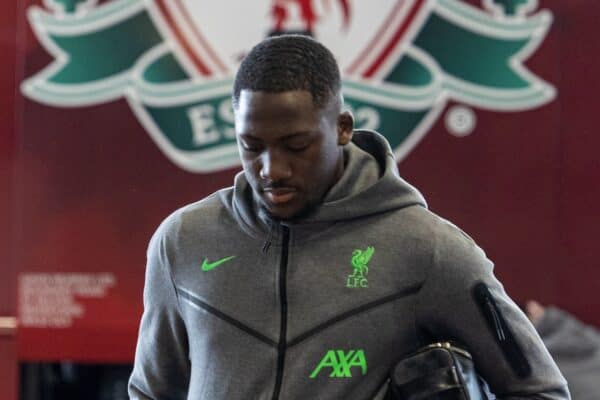 LONDON, ENGLAND - Saturday, April 27, 2024: Liverpool's Ibrahima Konaté arrives before the FA Premier League match between West Ham United FC and Liverpool FC at the London Stadium. The game ended in a 2-2 draw. (Photo by David Rawcliffe/Propaganda)