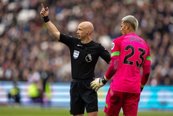 LONDON, ENGLAND - Saturday, April 27, 2024: Referee Anthony Taylor (L) and West Ham United's goalkeeper Alphonse Areola during the FA Premier League match between West Ham United FC and Liverpool FC at the London Stadium. The game ended in a 2-2 draw. (Photo by David Rawcliffe/Propaganda)