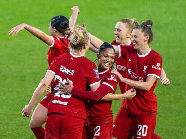 BIRKENHEAD, ENGLAND - Wednesday, May 1, 2024: Liverpool's Gemma Bonner (L) celebrates with team-mates after scoring the second goal during the FA Women’s Super League game between Liverpool FC Women and Chelsea FC Women at Prenton Park. Liverpool won 4-3. (Photo by David Rawcliffe/Propaganda)