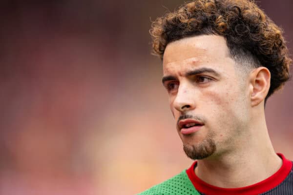 LIVERPOOL, ENGLAND - Sunday, May 5, 2024: Liverpool's substitute Curtis Jones on the bench before the FA Premier League match between Liverpool FC and Tottenham Hotspur FC at Anfield. Liverpool won 4-2. (Photo by Ryan Brown/Propaganda)