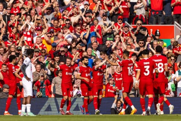 LIVERPOOL, ENGLAND - Sunday, May 5, 2024: Liverpool's Mohamed Salah celebrates after scoring the first goal during the FA Premier League match between Liverpool FC and Tottenham Hotspur FC at Anfield. Liverpool won 4-2. (Photo by Ryan Brown/Propaganda)