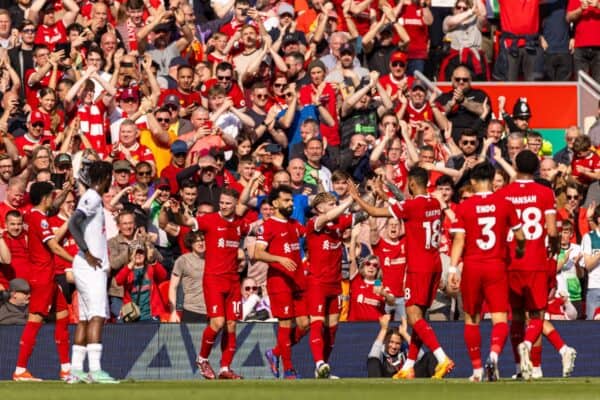  Liverpool's Mohamed Salah celebrates after scoring the first goal during the FA Premier League match between Liverpool FC and Tottenham Hotspur FC at Anfield. Liverpool won 4-2. (Photo by Ryan Brown/Propaganda)