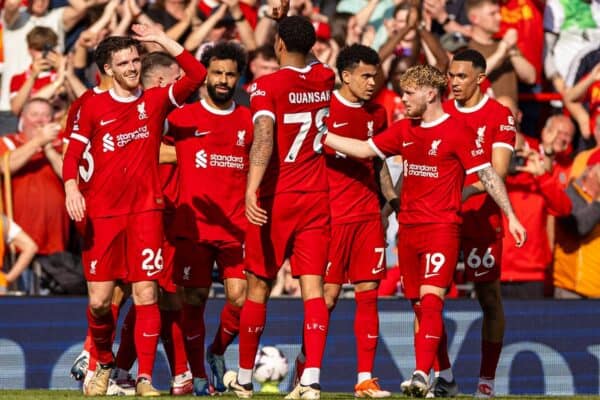 LIVERPOOL, ENGLAND - Sunday, May 5, 2024: Liverpool's Andy Robertson celebrates after scoring his side's second goal during the FA Premier League match between Liverpool FC and Tottenham Hotspur FC at Anfield. (Photo by David Rawcliffe/Propaganda)