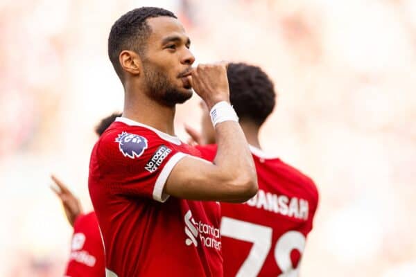 LIVERPOOL, ENGLAND - Sunday, May 5, 2024: Liverpool's Cody Gakpo celebrates after scoring his side's third goal during the FA Premier League match between Liverpool FC and Tottenham Hotspur FC at Anfield. Liverpool won 4-2. (Photo by Ryan Brown/Propaganda)