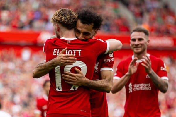 LIVERPOOL, ENGLAND - Sunday, May 5, 2024: Liverpool's Harvey Elliott celebrates with team-mate Mohamed Salah after scoring his side's fourth goal during the FA Premier League match between Liverpool FC and Tottenham Hotspur FC at Anfield. Liverpool won 4-2. (Photo by Ryan Brown/Propaganda)