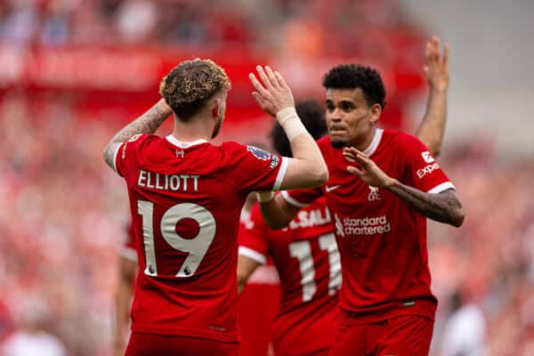 LIVERPOOL, ENGLAND - Sunday, May 5, 2024: Liverpool's Harvey Elliott celebrates with team-mate Luis Díaz after scoring his side's fourth goal during the FA Premier League match between Liverpool FC and Tottenham Hotspur FC at Anfield. Liverpool won 4-2. (Photo by Ryan Brown/Propaganda)