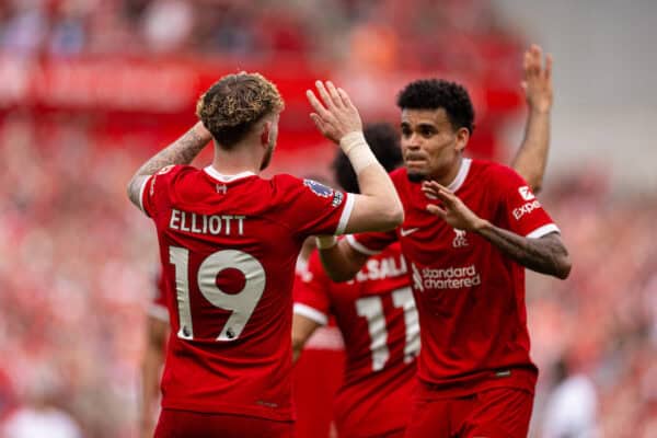  Liverpool's Harvey Elliott celebrates with team-mate Luis Díaz after scoring his side's fourth goal during the FA Premier League match between Liverpool FC and Tottenham Hotspur FC at Anfield. Liverpool won 4-2. (Photo by Ryan Brown/Propaganda)