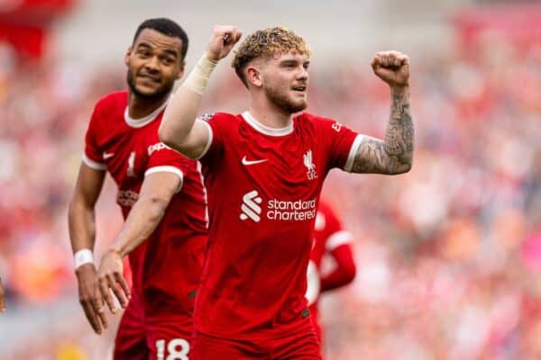 LIVERPOOL, ENGLAND - Sunday, May 5, 2024: Liverpool's Harvey Elliott celebrates after scoring his side's fourth goal during the FA Premier League match between Liverpool FC and Tottenham Hotspur FC at Anfield. Liverpool won 4-2. (Photo by Ryan Brown/Propaganda)