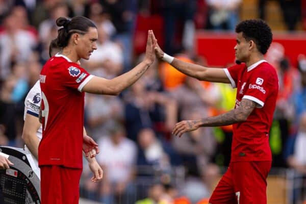 LIVERPOOL, ENGLAND - Sunday, May 5, 2024: Liverpool's substitute Darwin Núñez (L) replaces Luis Díaz during the FA Premier League match between Liverpool FC and Tottenham Hotspur FC at Anfield. Liverpool won 4-2. (Photo by Ryan Brown/Propaganda)