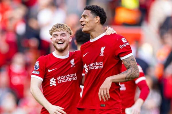 LIVERPOOL, ENGLAND - Sunday, May 5, 2024: Liverpool's Harvey Elliott (L) and Jarell Quansah after the FA Premier League match between Liverpool FC and Tottenham Hotspur FC at Anfield. Liverpool won 4-2. (Photo by Ryan Brown/Propaganda)