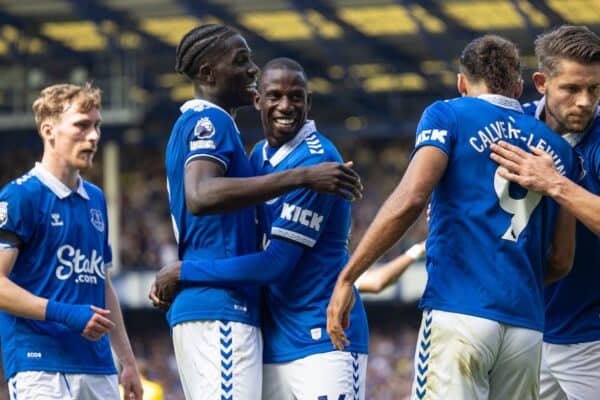 LIVERPOOL, ENGLAND - Saturday, May 11, 2024: Everton's Abdoulaye Doucouré (R) celebrates with team-mate Amadou Onana after scoring the winning goal the FA Premier League match between Everton FC and Sheffield United FC at Goodison Park. (Photo by David Rawcliffe/Propaganda)