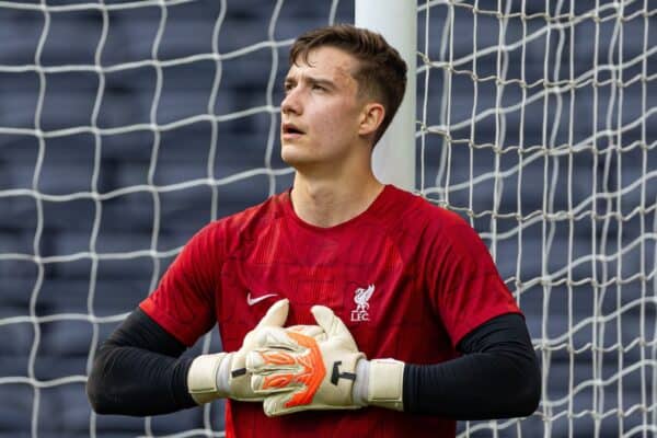 LONDON, ENGLAND - Sunday, May 12, 2024: Liverpool's goalkeeper Fabian Mrozek during the pre-match warm-up before the Premier League 2 Quarter-Final Play-Off match between Tottenham Hotspur FC Under-21's and Liverpool FC Under-21's at the Tottenham Hotspur Stadium. The game ended 3-3 after extra-time, Tottenham won 5-4 on penalties. (Photo by David Rawcliffe/Propaganda)
