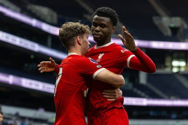 LONDON, ENGLAND - Sunday, May 12, 2024: Liverpool's Lewis Koumas (L) celebrates with team-mate Amara Nallo after scoring the opening goal during the Premier League 2 Quarter-Final Play-Off match between Tottenham Hotspur FC Under-21's and Liverpool FC Under-21's at the Tottenham Hotspur Stadium. The game ended 3-3 after extra-time, Tottenham won 5-4 on penalties. (Photo by David Rawcliffe/Propaganda)
