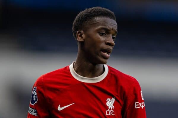 LONDON, ENGLAND - Sunday, May 12, 2024: Liverpool's Trey Nyoni during the Premier League 2 Quarter-Final Play-Off match between Tottenham Hotspur FC Under-21's and Liverpool FC Under-21's at the Tottenham Hotspur Stadium. The game ended 3-3 after extra-time, Tottenham won 5-4 on penalties. (Photo by David Rawcliffe/Propaganda)